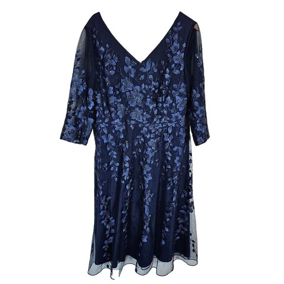 Alex Evenings Floral Embroidered Midi Dress V Neckline Navy Blue  Plus Size 16 - Picture 1 of 12